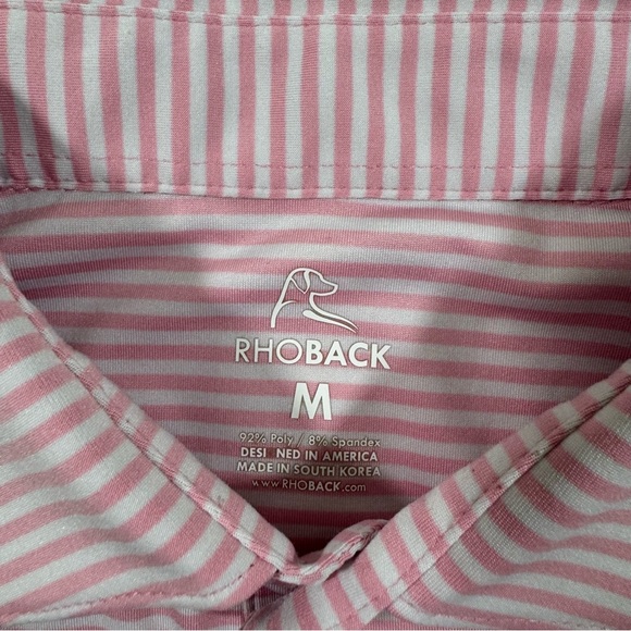 Rhoback Mens Performance Polo Shirt Pink White Wide Stripe - Picture 4 of 7